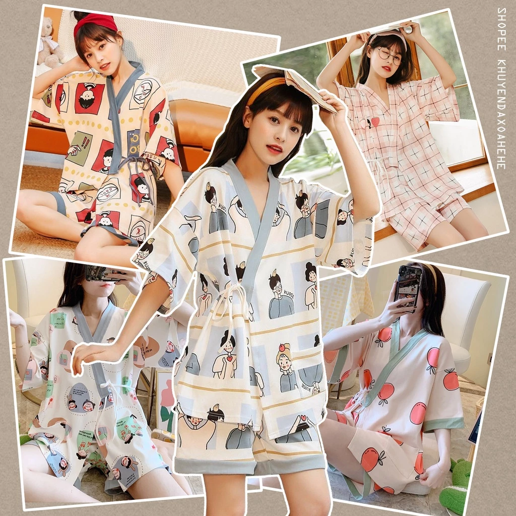 SUSQ002 Bộ Pijama kiểu Nhật yukata lụa cộc tay buộc dây Đồ Ngủ Kimono nữ mặc nhà thắt eo quần lửng ngắn