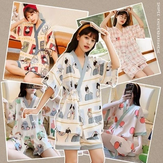 SUSQ002 Bộ Pijama kiểu Nhật yukata lụa cộc tay buộc dây Đồ Ngủ Kimono nữ mặc nhà thắt eo quần lửng ngắn