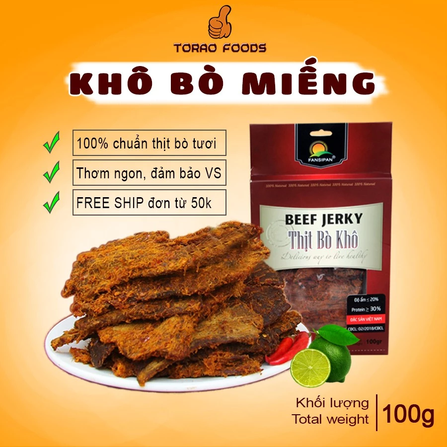 Khô bò miếng mềm Fansipan 100g khô bò miếng bò thật loại 1 khô bò miếng cay đảm bảo ATVS, Torao Foods - đồ ăn vặt ngon