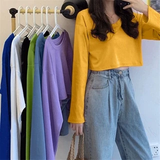 Áo Thun Crop Top Tay Dài Màu Trơn Đơn Giản Phong Cách Hàn Quốc Thời Trang Cho Nữ