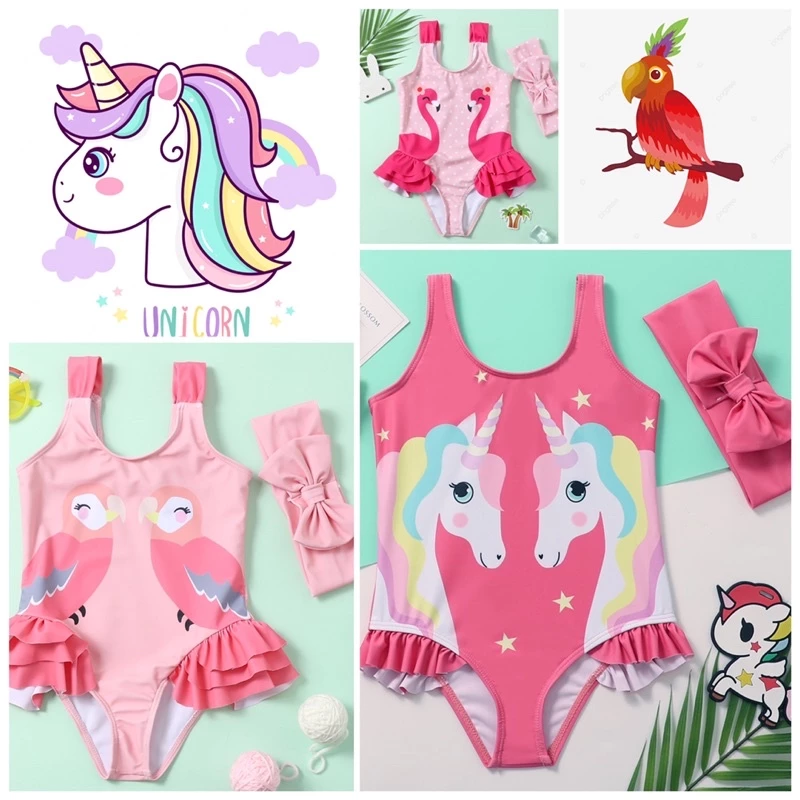 [TẶNG BĂNG ĐÔ] Bộ đồ bơi liền bé gái in hình pony/ hồng hạc/ vẹt hồng xinh xắn