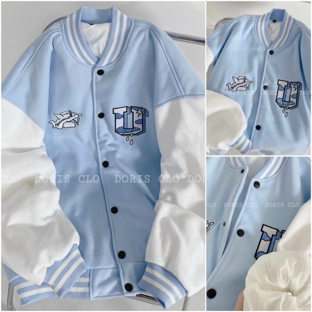 VIDEO ẢNH THẬT ) Áo Khoác Cardigan Bomber Nỉ Chữ U Hình Thiên Thần Xanh Siêu Xinh - FREESHIP - Form Rộng Unisex Jacket