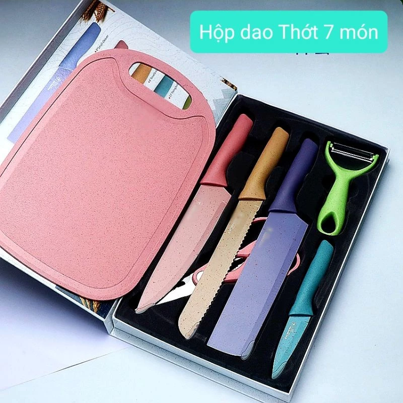 Bộ dao thớt lúa mạch 7 món, bộ dao kháng khuẩn nhà bếp tiện lợi