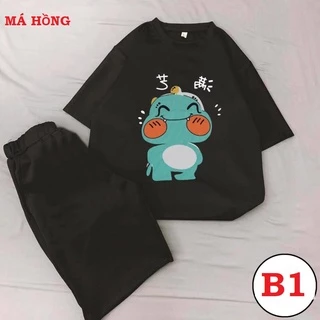 Bộ đồ nam nữ tay lỡ Unisex hoạt hình Má hồng form rộng chât cotton co dãn thoải mái