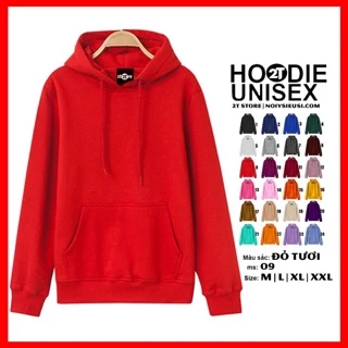 Áo hoodie unisex 2T Store H09 màu đỏ tươi - Áo khoác nỉ chui đầu nón 2 lớp dày dặn chất lượng đẹp