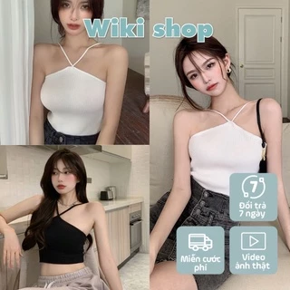 Áo thun nữ croptop cổ yếm chéo cổ Wikishop đen trắng freesize phom ôm co giãn không tay hở vai lộ eo sexy hàn quốc C916