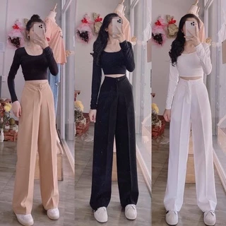 Quần Ống Rộng Suông Lưng cao Khóa Trước 1 Khuy Giữa Chất Vải tuyết Mưa Đen Quần Culottes Ống Xuông Cạp Cao Dáng Tây Dài