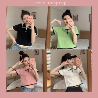 Áo Croptop Tay Ngắn Polo Phối Viền Sẽ Tà Nhiều Màu Chất Thun Gân Form Basic Phong Cách Hàn Quốc