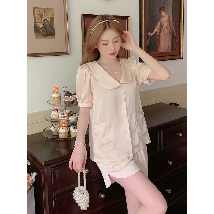 Bộ mặc nhà Pijama nữ cao cấp, Lụa Ngọc Tra i Pháp trơn cao cấp tay cộc quần cộc BN005