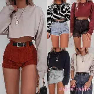 Áo croptop tay dài họa tiết đơn giản nhiều màu tùy chọn cho nữ