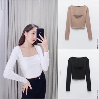 Áo thun croptop cổ vuông tay dài