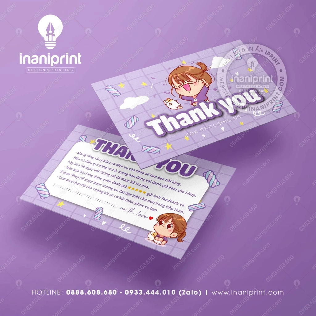 Card Cám Ơn, Thiệp Cám Ơn, Giấy Cám ơn, Thank You Card - 2 mặt - TÍM 011