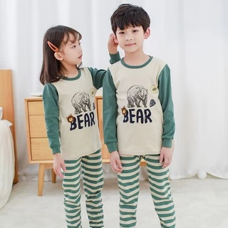 Bộ Đồ Ngủ 2 Món Chất Liệu 100% Cotton In Hình Gấu Hoạt Hình Cho Bé Size 100-160