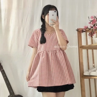 [ẢNH THẬT] Áo babydoll caro tay ngắn xinh xắn tặng kèm scrunchie cùng màu