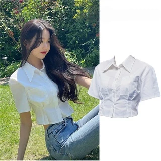 IVE Jang Won Young Áo Croptop Tay Ngắn Cổ Polo Quyến Rũ Cho Nữ