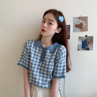 Áo Sơ Mi Croptop Tay Ngắn Dáng Rộng Họa Tiết Sọc Caro Phong Cách retro Hàn Quốc