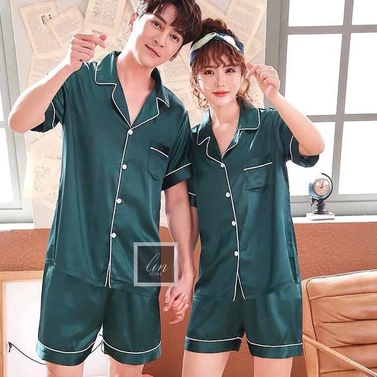 Đồ Bộ Pijama Lụa Nam Nữ Mặc Nhà Tay Ngắn Quần Cộc Mùa Hè Cao Cấp Bộ Đồ Ngủ Nam Nữ Lụa Siêu Xinh V53
