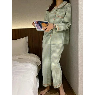 Bộ ngủ mặc nhà Pyjama dài tay phom rộng phong cách Hàn Quốc xinh đẹp cho mùa thu đông