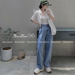 Quần bò ống suông lưng cao quần jeans ống rộng hàn quốc thecotton