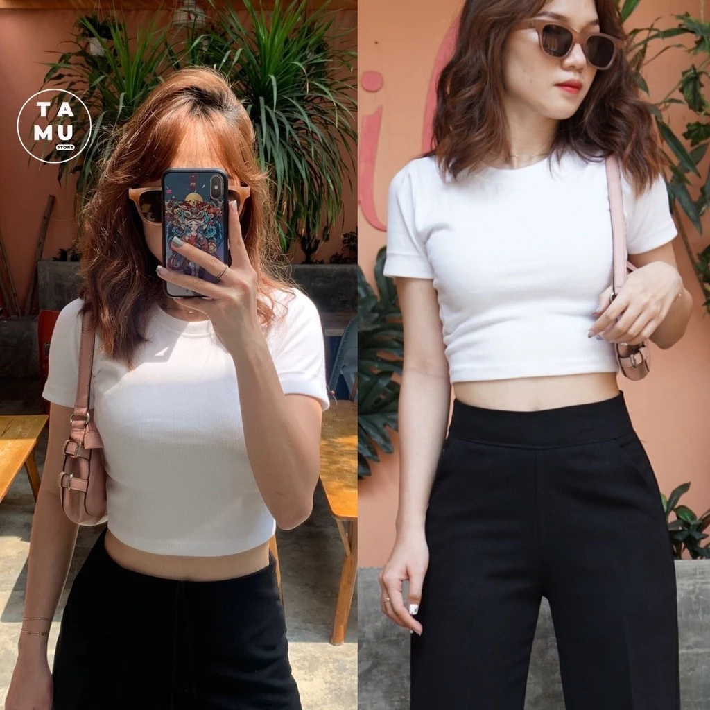 Áo croptop ôm tay ngắn kiểu dáng basic chất vải dày dặn đen trắng cá tính sexy - CT01