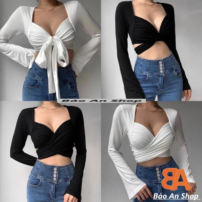 Áo croptop tay dài viền