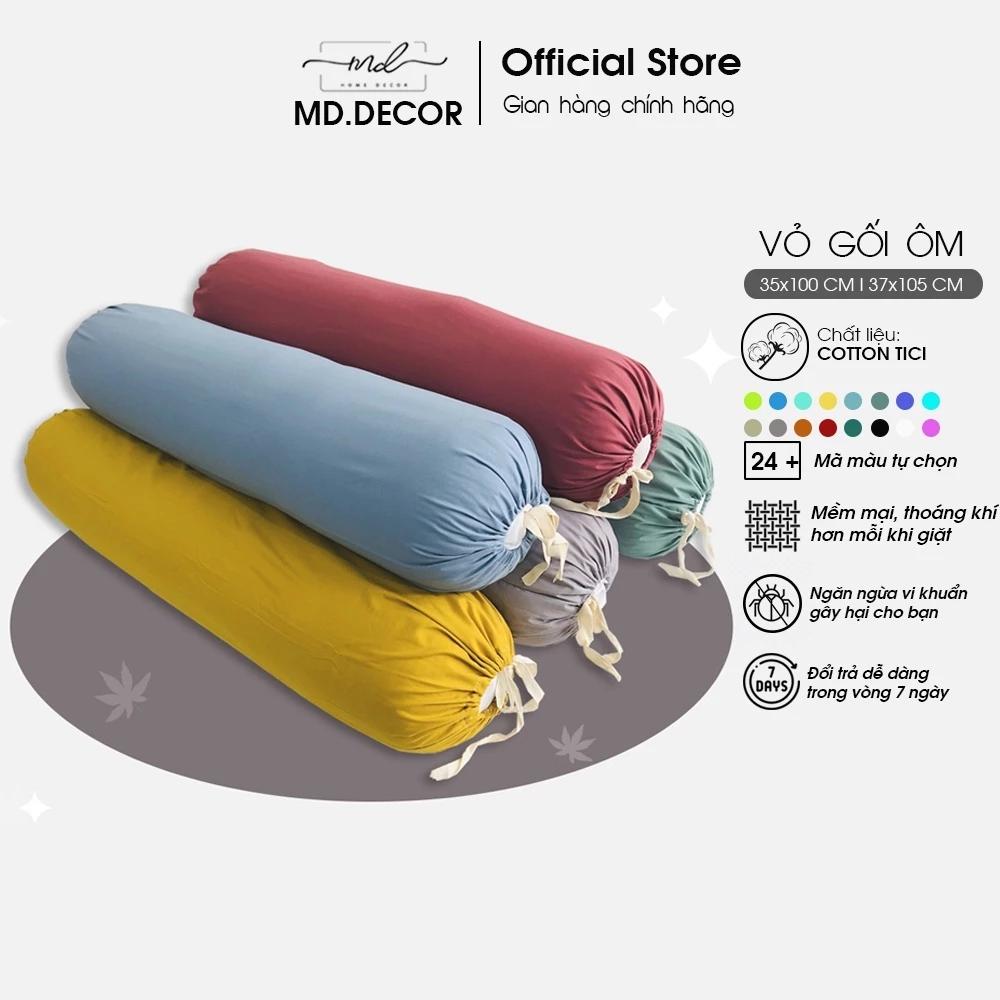 Vỏ gối ôm Cotton Tici MD.Decor- Bedding kích thước 35x100cm Lồng Được Ruột Đơn Màu Sang Trọng