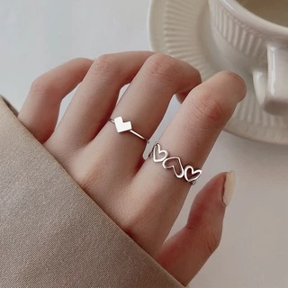 ✨✨Nhẫn 2 Pcs Fashion Heart Silver Finger Ring Simple Hollow Adjustable Party Rings for Women Gorl Jewelry Gift