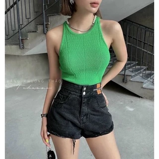 Áo ba lỗ nữ chất len mỏng dệt kim croptop hàng QC