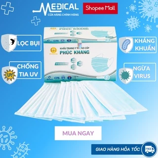 Khẩu trang y tế 4 lớp cao cấp PHÚC KHÁNG có giấy lọc kháng khuẩn màu xanh, xám hộp 50 chiếc - MEDICAL