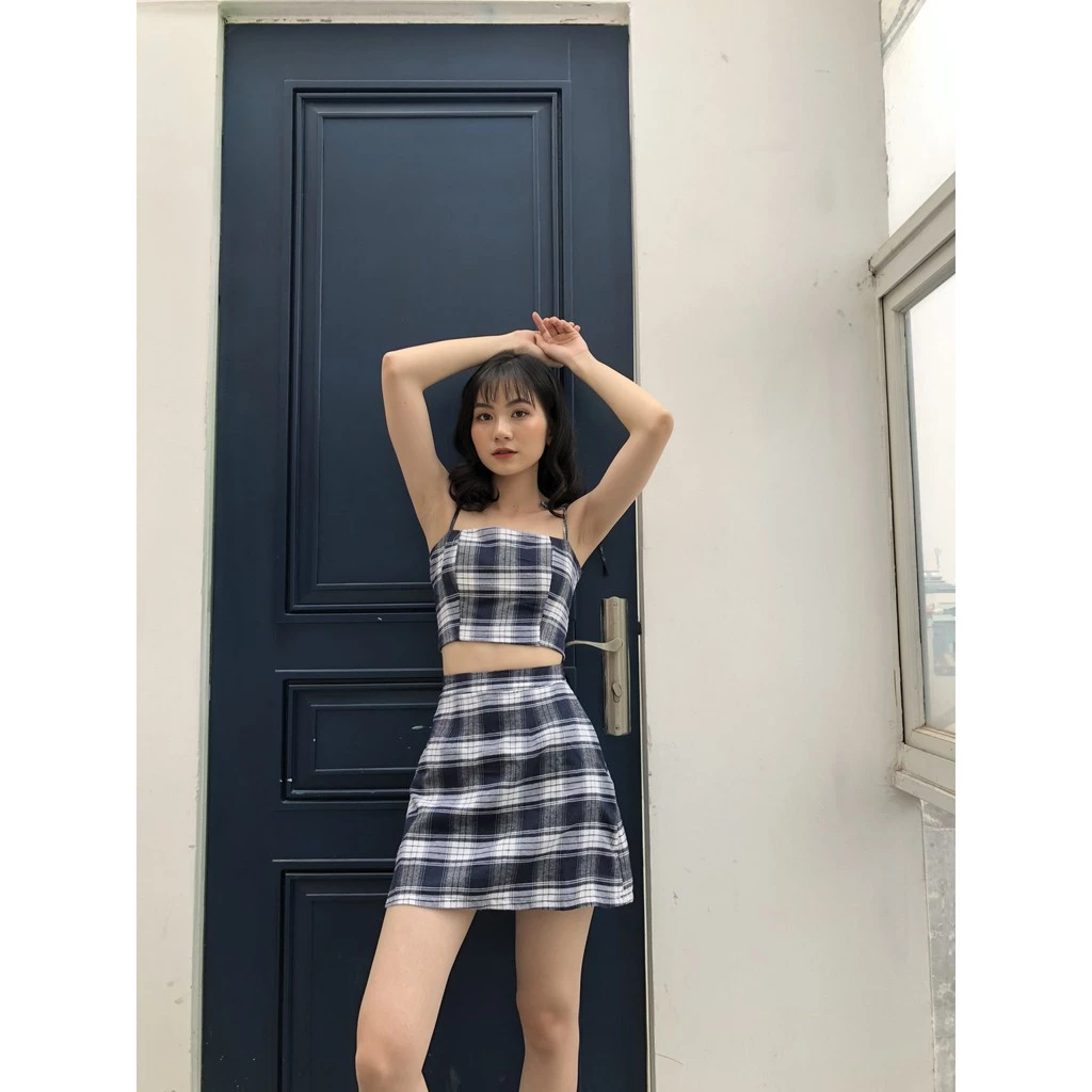 (có đệm ngực) SET ÁO CROPTOP 2 DÂY CARO THẮT NƠ MIX CHÂN VÁY KẺ CHỮ A ULZZANG -(Sắn)