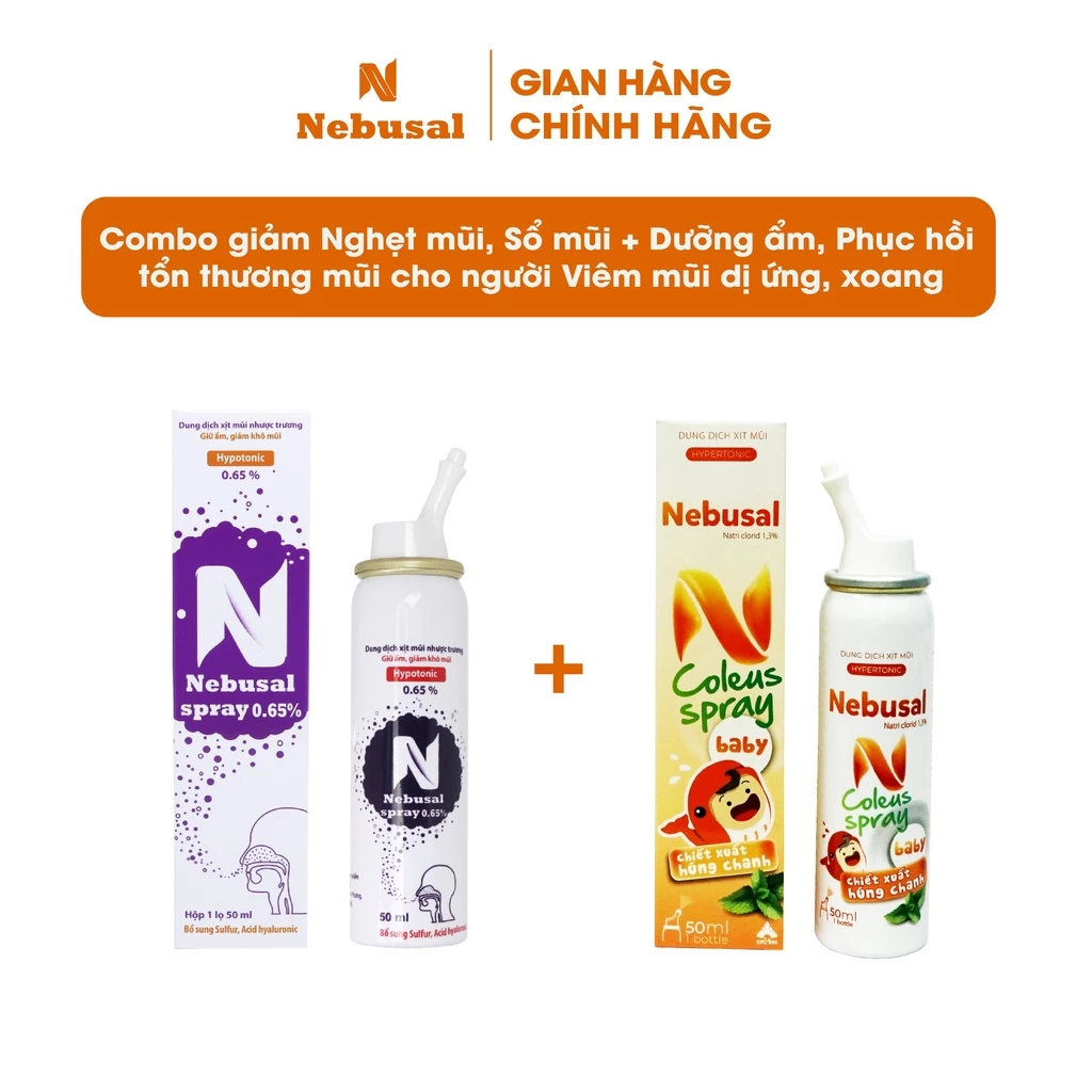 Combo Xịt Mũi Nebusal Húng Chanh và Nebusal 0.65% Giảm Nghẹt Mũi, Sổ Mũi + Dưỡng ẩm và Phục hồi mũi viêm