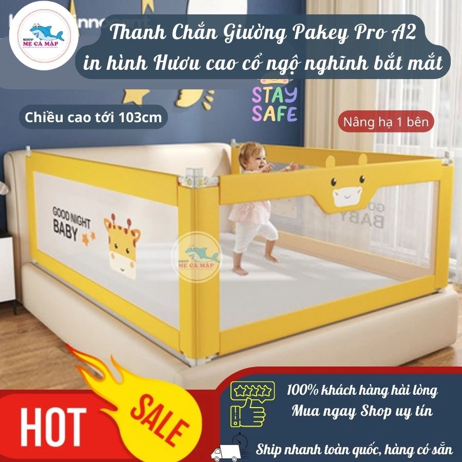 Thanh chắn giường Pakey ProA2 NEW 2022, nâng hạ 1 bên cao 103cm màu Vàng (1 thanh chắn 1 mặt)