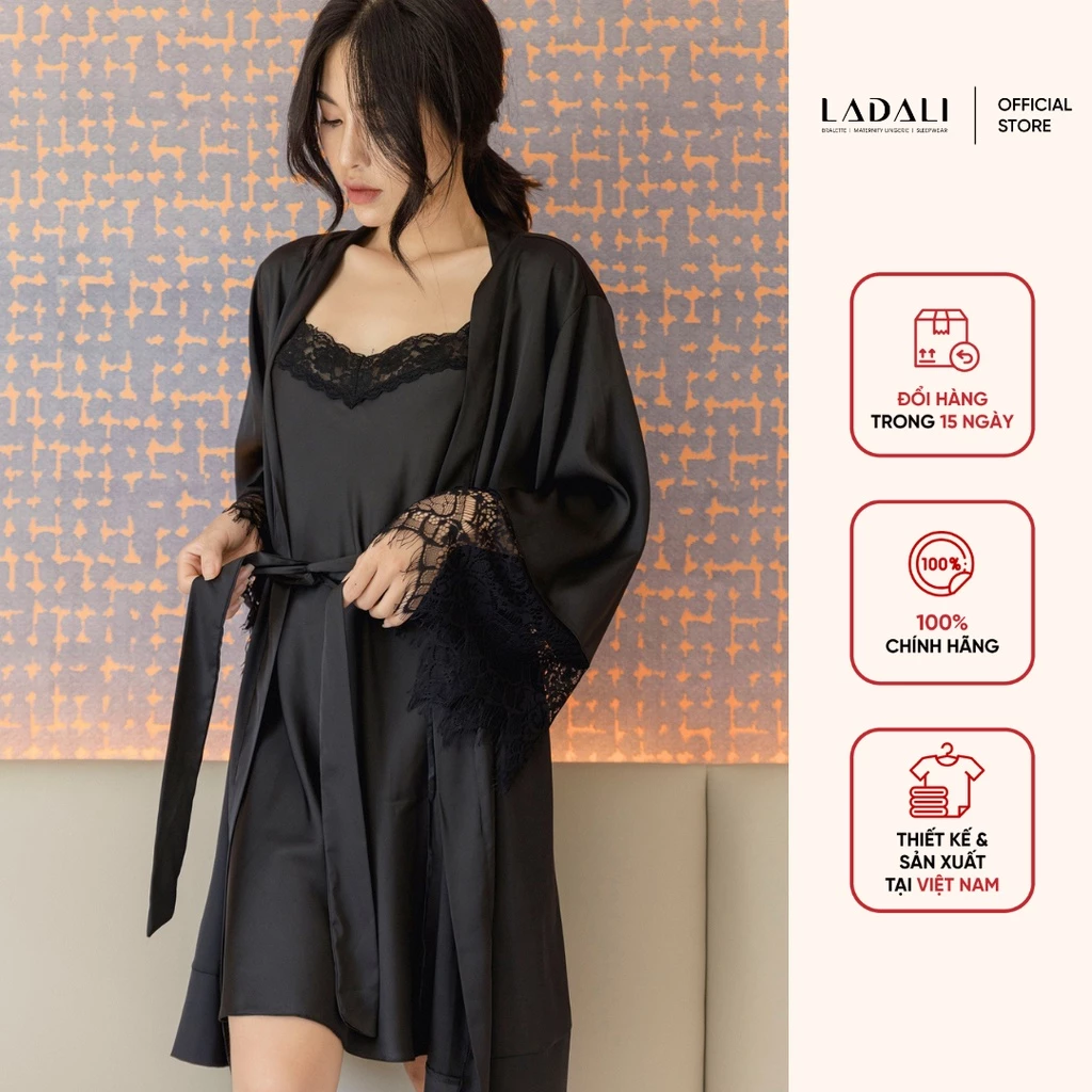 Áo Khoác Kimono Choàng Ngủ Lụa Satin Mềm Mịn Tay Ren Hàng Cao Cấp Ladali Có Đai Buộc Eo Sang Trọng