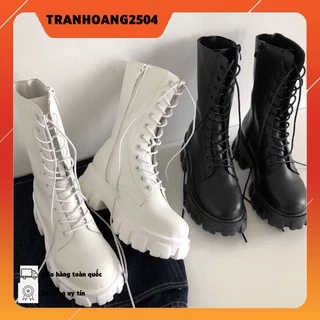 [LOẠI ĐẸP - form cứng cáp ] Boot ulzzang cao cổ 20cm buộc dây kéo khóa đế cao 5.5cm màu đen/trắng cá tính  X3