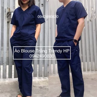 Bộ scrubs nam nữ màu xanh đen - bộ quần áo blouse cổ tim bác sĩ, hộ lý, kỹ thuật viên màu xanh đen