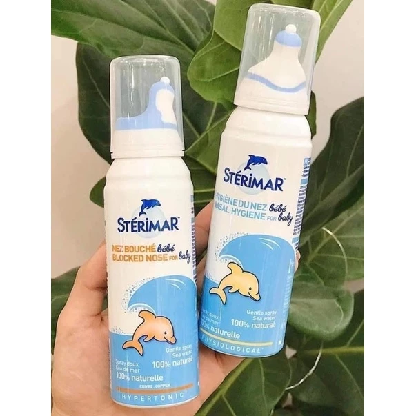 Xịt muối biển cá heo vàng và cá heo cam, xịt mũi cá heo (100ml) vệ sinh mũi cho bé 0-3 tuổi Sterimar, Pháp