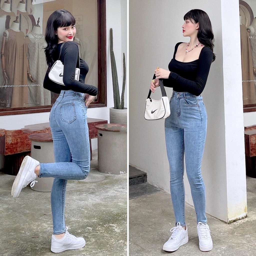 Quần Jean Nữ Dài Màu Xanh Nhạt Skinny Basic Truyền Thống Lưng Cạp Cao Co Dãn Mạnh Bigsize 4078 4193
