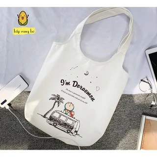 Túi tote đeo vai mèo máy Doraemon khóa zip đựng sách a4 đi học vải canvas