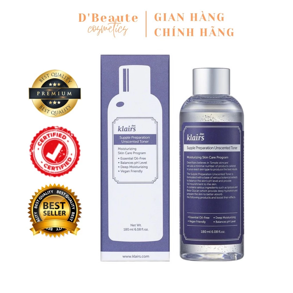 Nước hoa hồng không mùi Klairs Supple Preparation Unscented Toner 180ml - Hàn Quốc Chính Hãng