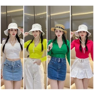 Áo thun ôm body nữ Croptop tay dài cổ V bẻ