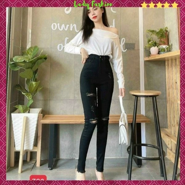 Quần Jean Nữ lưng cao 💖FREESHIP💖 Quần bò nữ skinny đen mẫu mới phối rách form ôm chuẩn dáng Lady Fashion - QJN702