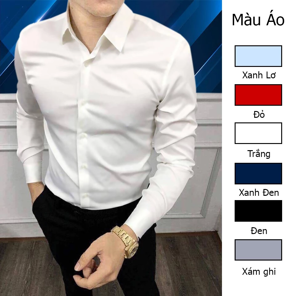 Áo Sơ Mi Nam Vải Lụa Không Nhăn Nhiều Màu Tay Dài THOITRANG24H Form Ôm Nhẹ Cho Dáng Người Trẻ