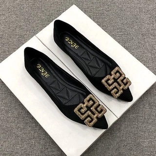 Giày Búp Bê Đế Mềm Gót Thấp Mũi Nhọn Đính Đá Thời Trang 2022 Cho Nữ Size 33-44