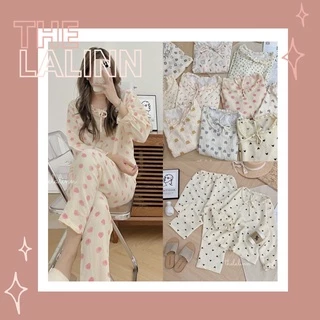 [ ẢNH THẬT ] Pijama cổ nơ xốp đũi Hàn dáng dài hoạ tiết xinh xắn. Bộ ngủ nữ hoạt hình dễ thương