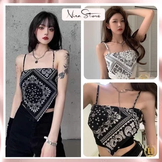 Áo yếm nữ 2 dây croptop họa tiết thổ cẩm đen trắng chất bozip NinaStore