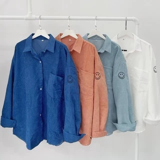 Áo Sơ Mi Nhung Gân Thêu Mặt Cười Form Rộng Unisex Nam Nữ Phong Cách Hàn Quốc Ulzzang KUN