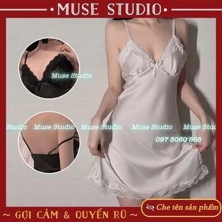 Váy ngủ sexy, đầm ngủ gợi cảm vải phi bóng mềm đẹp xẻ hai bên đùi đính nơ MUSE STUDIO