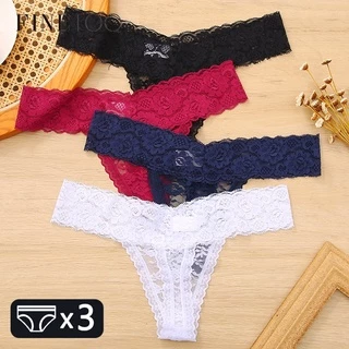 Set 3 quần lót FINETOO lọt khe phối ren lưng thấp họa tiết hoa phong cách gợi cảm cho nữ M-XL