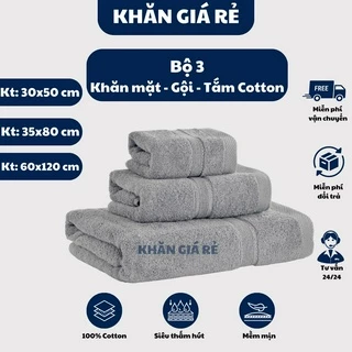 Bộ 3 khăn tắm mặt gội sợi bông cotton dày thấm hút tốt, Set khăn tắm gội cao cấp không đổ lông phai màu