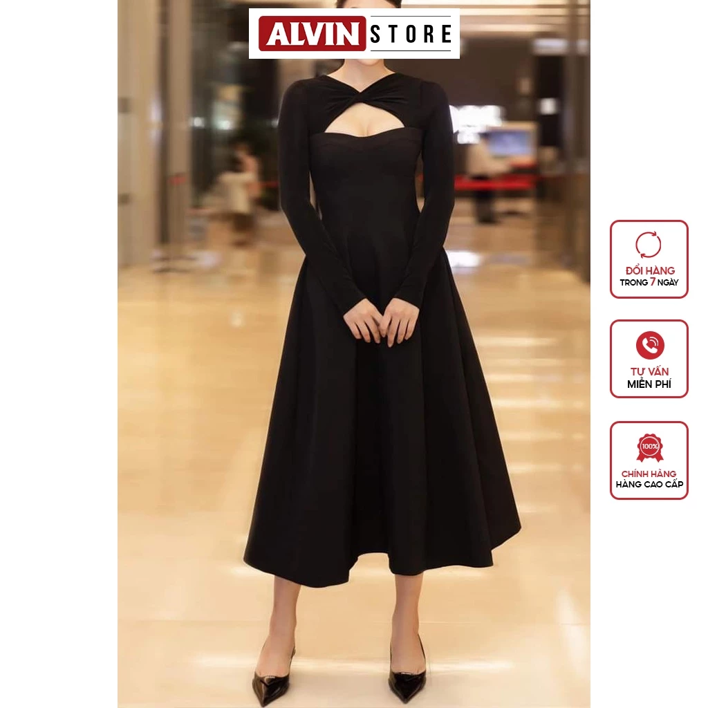 Đầm Xòe Dáng Dài Cúp Phối Tay Dài Alvin Store 1504